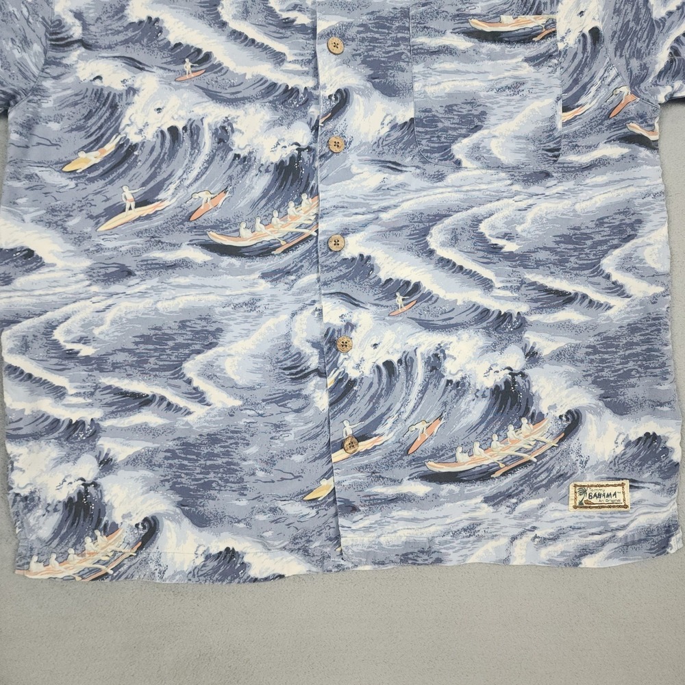 Vintage Tommy Bahama Shirt Mens M Blue Hawaiian Surfing Waves Canoe Rayon Aloha - Picture 3 of 13